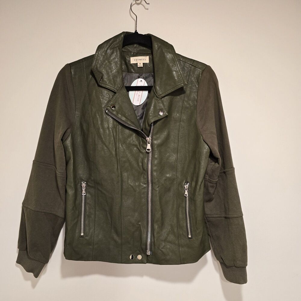 Promesa FAUX LEATHER Moto JACKET Medium Womens Green Biker Grunge Lightweight